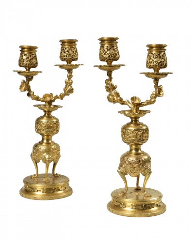 Paire de candélabres en bronze doré, Barbedienne d'après Edouard Lièvre