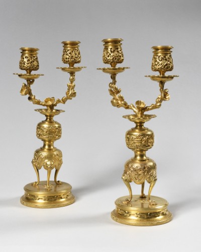 Paire de candélabres en bronze doré, Barbedienne d'après Edouard Lièvre - Luminaires Style 