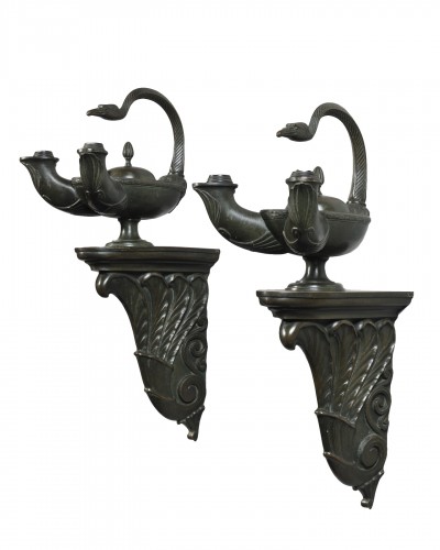Pair of wall brackets and oil lamps