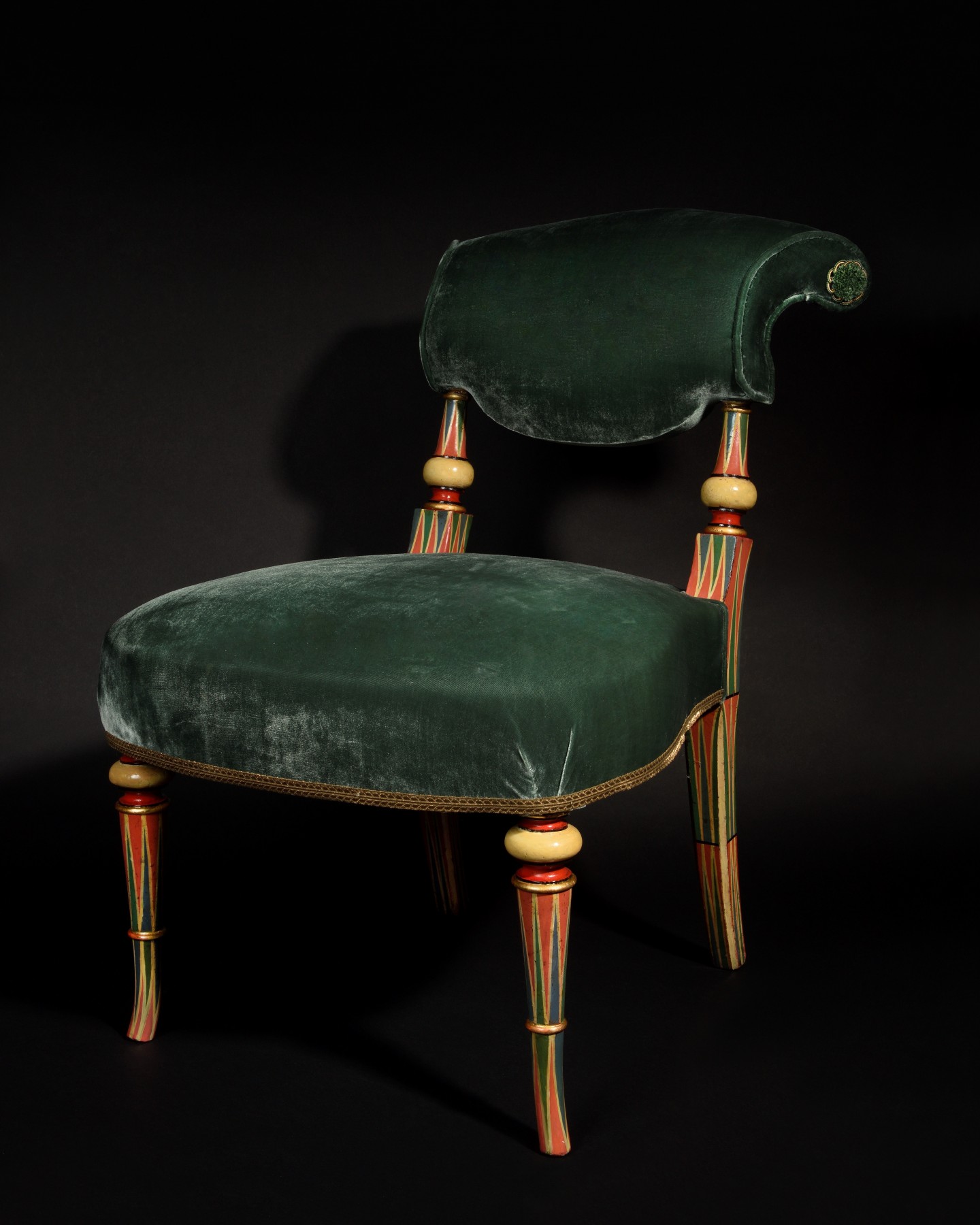 polychrome wood and velvet chair  19th century