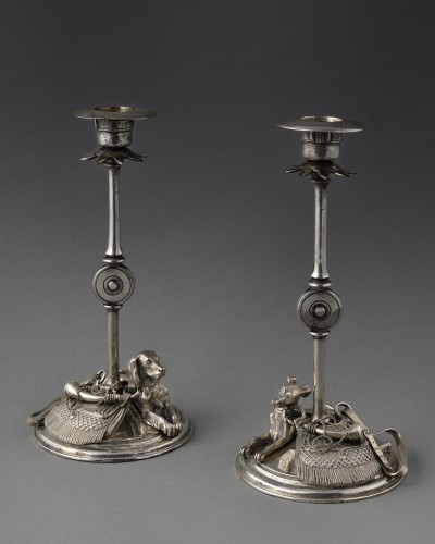 Pair of silvered bronze hunting candlesticks  - Lighting Style 