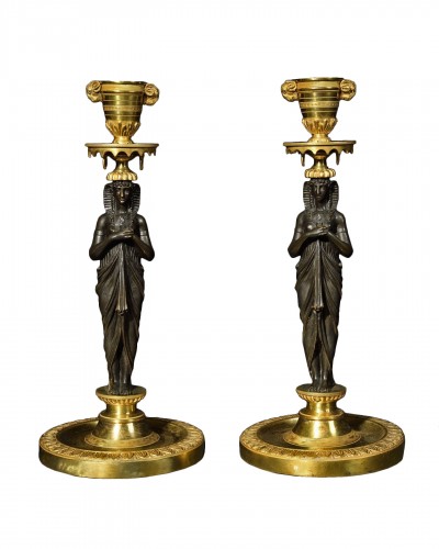 Attributed to Friedrich Bergenfeldt - Pair of candleholders with Egyptians 