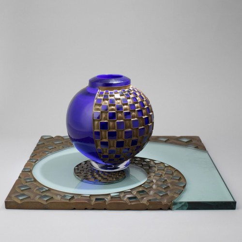 Années 50-60 - "Lapis oracle" sculpture en verre et cuivre de Michael Glancy