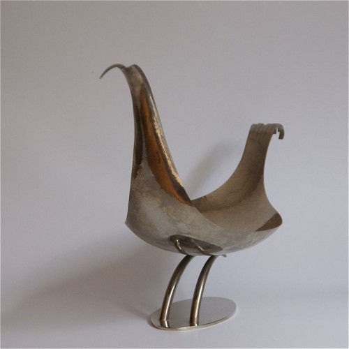 Antiquités - Grande coupe "oiseau" en laiton nickelé de Franz Hagenauer