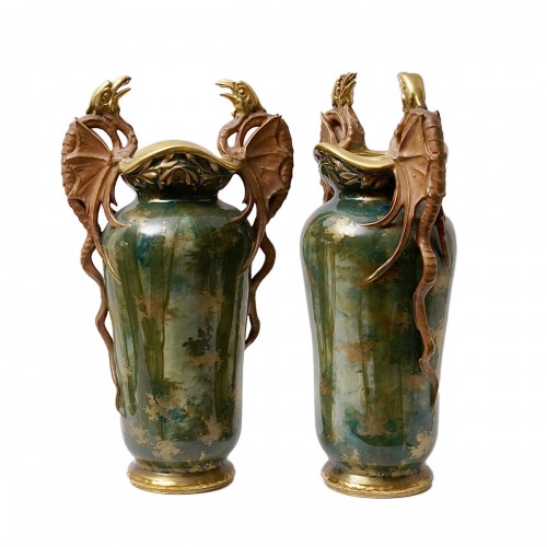 Pair of "Pterodactyls in a Forest" Porcelain Vases by Amphora