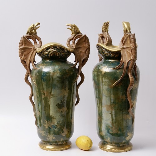 Porcelain & Faience  - Pair of &quot;Pterodactyls in a Forest&quot; Porcelain Vases by Amphora