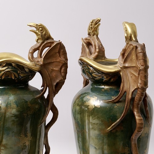 Pair of &quot;Pterodactyls in a Forest&quot; Porcelain Vases by Amphora - 