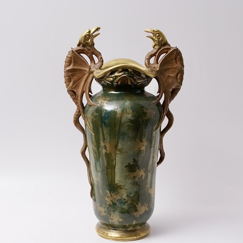 20th century - Pair of &quot;Pterodactyls in a Forest&quot; Porcelain Vases by Amphora