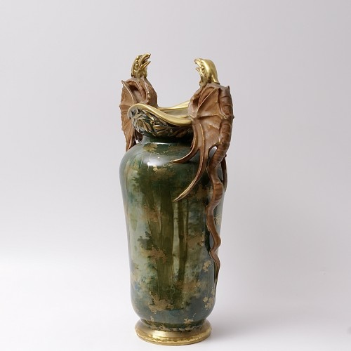 Pair of &quot;Pterodactyls in a Forest&quot; Porcelain Vases by Amphora - Art nouveau