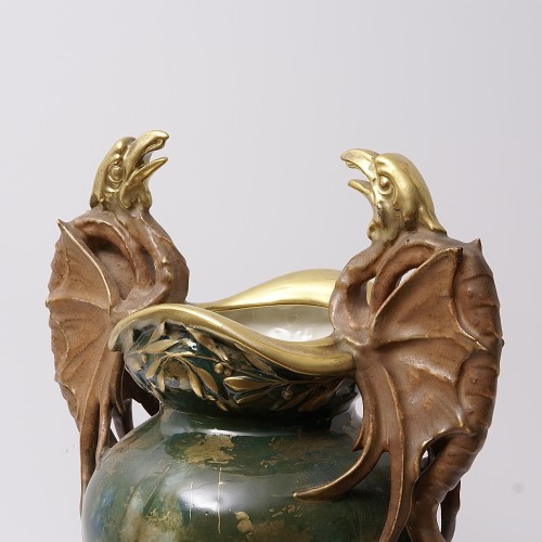 Art nouveau - Pair of &quot;Pterodactyls in a Forest&quot; Porcelain Vases by Amphora