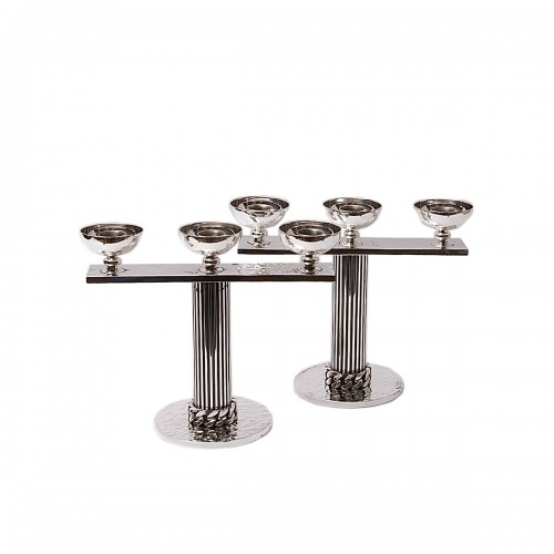 Jean Després (1889-1980) - Pair of Silvered Metal Candle Holders