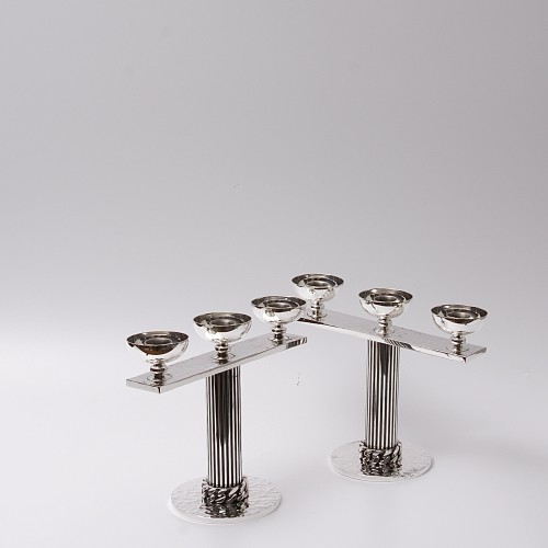 silverware & tableware  - Jean Després (1889-1980) - Pair of Silvered Metal Candle Holders