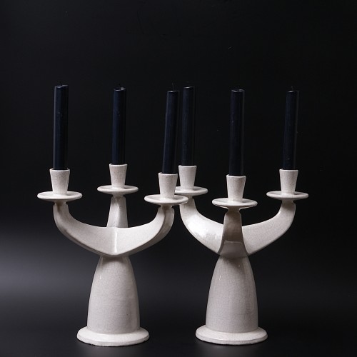 Paul Bonifas - Paire de chandeliers en faïence dure craquelée - Céramiques, Porcelaines Style Art Déco