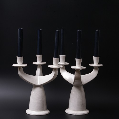 Paul Bonifas – Two Art-deco Glazed Earthenware Candelabras - Porcelain & Faience Style Art Déco