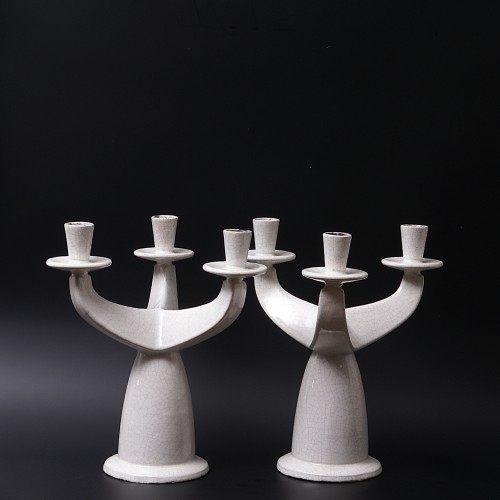 Céramiques, Porcelaines  - Paul Bonifas - Paire de chandeliers en faïence dure craquelée