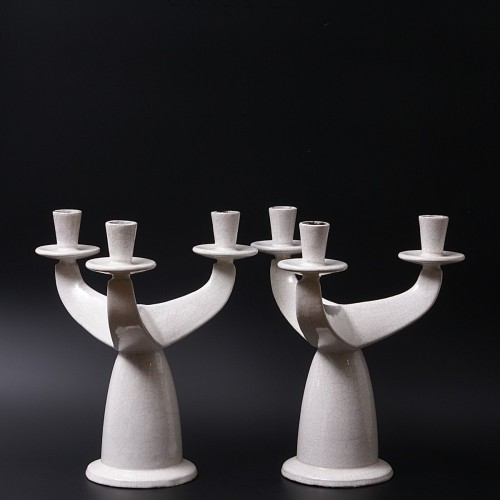 Antiquités - Paul Bonifas – Two Art-deco Glazed Earthenware Candelabras