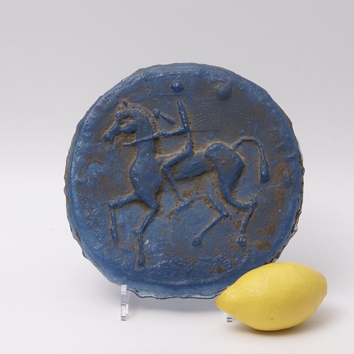 Glass & Crystal  - Blue-tinted pressed Glass Medallion by Henri Navarre, circa 1950