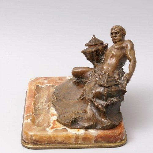 Art nouveau - &quot;Poseidon&quot; Bronze and Marble Inkwell by Hans Müller