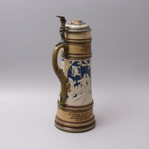 Very large Mettlach Beer Mug illustrating an old drinking Song - Curiosities Style Napoléon III