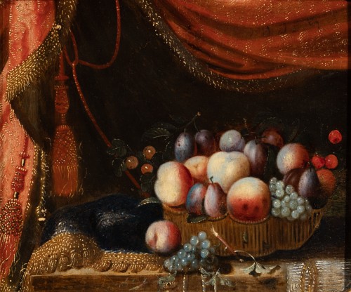Nature morte aux fruits et aux drapés par Francesco Noletti dit Le Maltais, 17e siècle - Tableaux et dessins Style Louis XIII