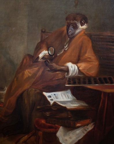 Le singe collectionneur, école française du 18e siècle entourage de Chardin  - Tableaux et dessins Style Louis XVI