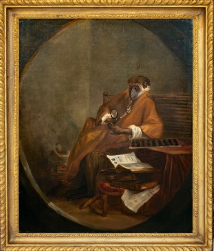 Le singe collectionneur, école française du 18e siècle entourage de Chardin  - Galerie Laury-Bailly