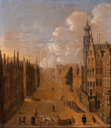 Tableaux et dessins Tableaux XVIIe siècle - Vue de Gdsanck ( Danzig ), école hollandaise du 17è siècle, daté 1672 et monogrammé