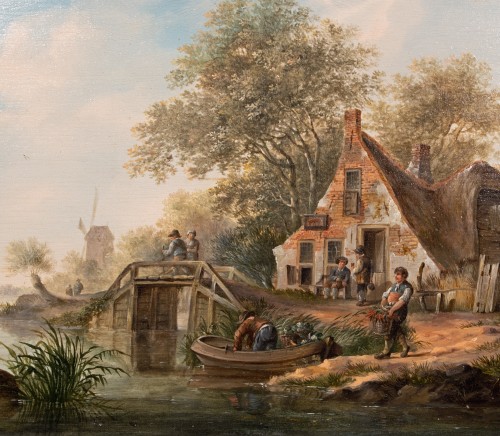 Cottage by the river, 18th century Dutch school, monogrammed - Paintings & Drawings Style Louis XV