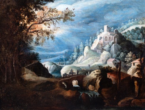 Paysage de route de montagne , Flandre début 17e siècle entourage de Paul Bril - Tableaux et dessins Style Renaissance