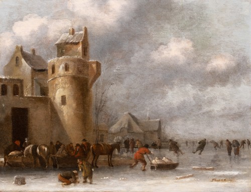 Patineurs devant les ramparts de Harlem - Thomas Heeremans daté 1670 - Tableaux et dessins Style Louis XIV
