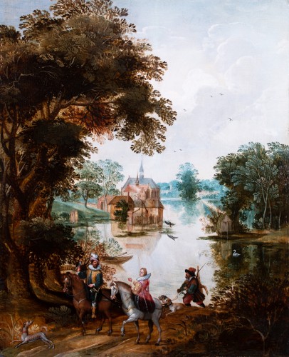 La chasse au faucon par Denys van Asloot, flandre début du 17e siècle - Tableaux et dessins Style Louis XIII