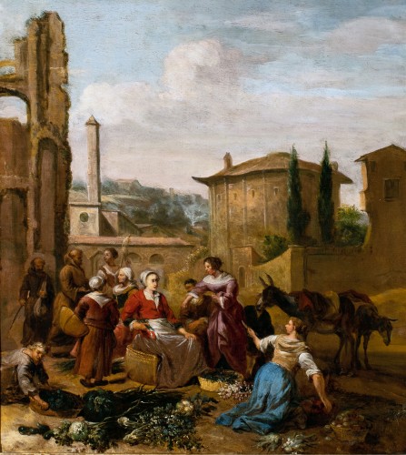 Scène de marché à Rome par Hendrick MOMMERS , Hollande 17è siècle - Tableaux et dessins Style Louis XIV