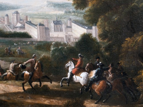 Scène de chasse à courre devant le Château de Vincennes attribué à Sauveur Le Conte 1 - Tableaux et dessins Style Louis XIV