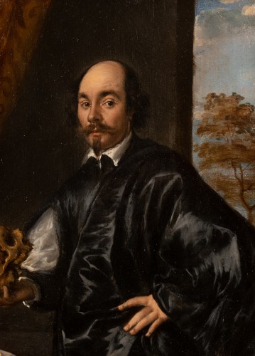 Portrait d'homme tenant un crâne, Flandre début du 17è siècle - Tableaux et dessins Style Louis XIII