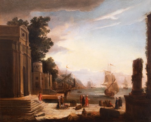 Scène de port avec ruines, France  début du 18e siècle - Tableaux et dessins Style Régence