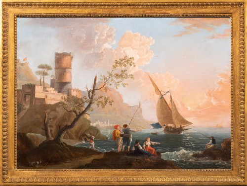 Scène côtière avec pêcheurs et voiliers vers 1770