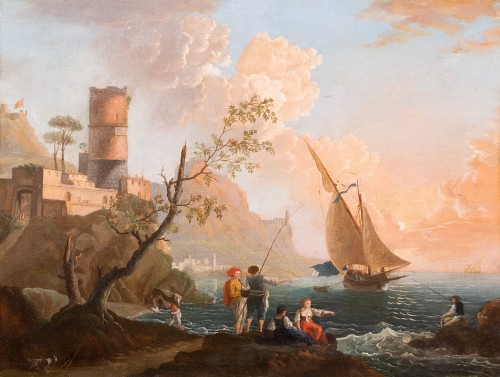Scène côtière avec pêcheurs et voiliers vers 1770 - Tableaux et dessins Style Louis XVI