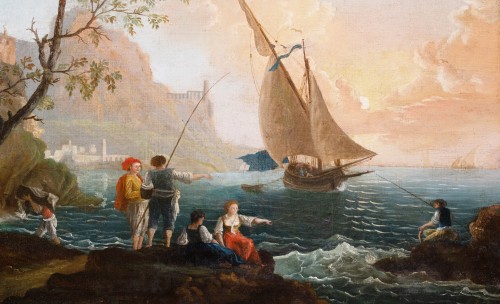 Tableaux et dessins Tableaux XVIIIe siècle - Scène côtière avec pêcheurs et voiliers vers 1770