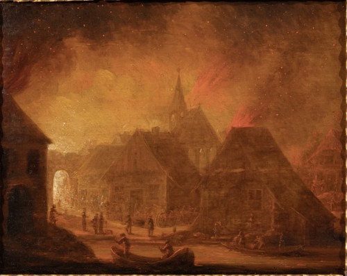 Incendie nocturne dans une ville hollandaise par Egbert van der Pöel - Tableaux et dessins Style Louis XIV