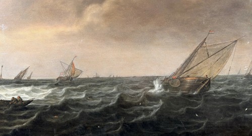 Marine animée avec navires par gros temps, attribué à Ludolf Backhuysen , fin du XVIIe siècle - Tableaux et dessins Style Louis XIV