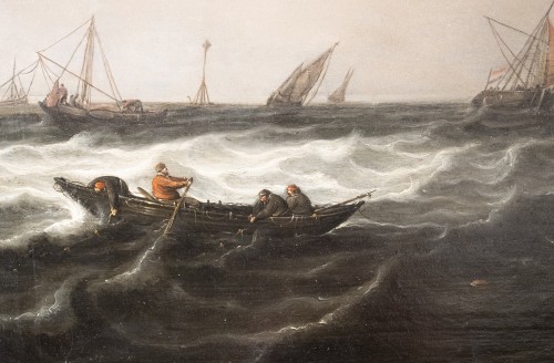 Tableaux et dessins Tableaux XVIIe siècle - Marine animée avec navires par gros temps, attribué à Ludolf Backhuysen , fin du XVIIe siècle