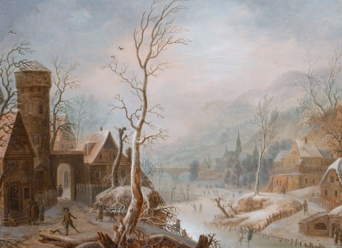 Paysage d'hiver animé avec patineurs par Johann Vollerdt (1708 - 1769) - Tableaux et dessins Style Louis XV