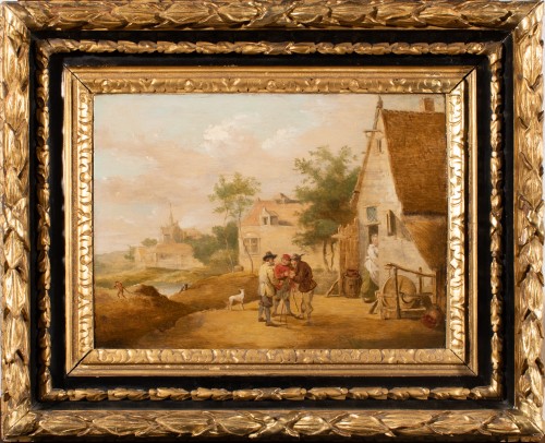 Scène de village avec paysans devant une chaumière fin 17e atelier de Teniers