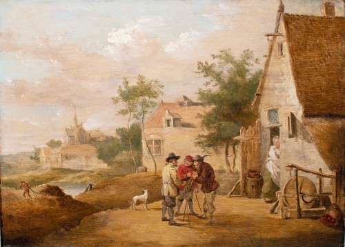 Scène de village avec paysans devant une chaumière fin 17e atelier de Teniers - Tableaux et dessins Style Louis XIV