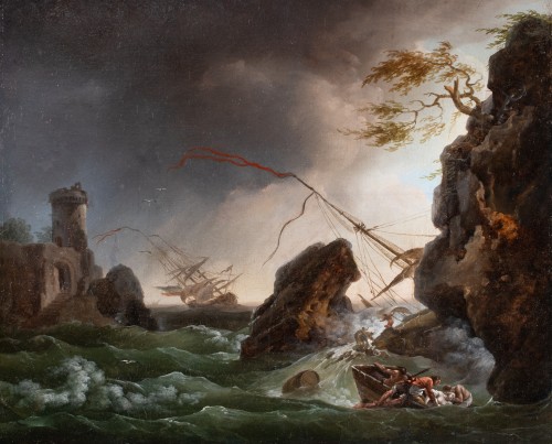 Marine orageuse avec naufrage , atelier de Vernet vers 1760 - Tableaux et dessins Style Louis XV