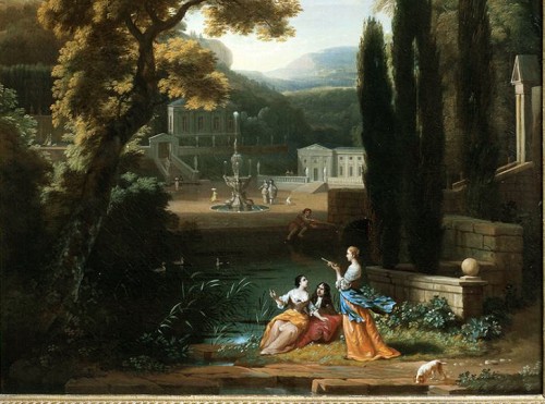 Elégante compagnie dans un paysage - Attribué à Isaac de Moucheron - Tableaux et dessins Style Régence