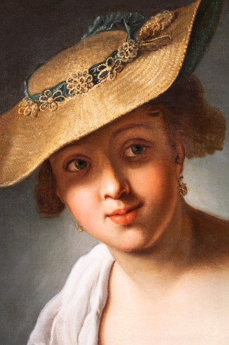 Jeune femme aux oiseaux, 18e atelier d'Antoine Pesne - Tableaux et dessins Style Louis XV