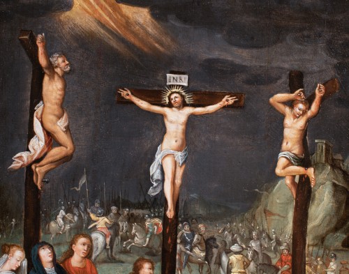 Crucifixion, école flamande fin du 16e siècle - Tableaux et dessins Style Louis XIII