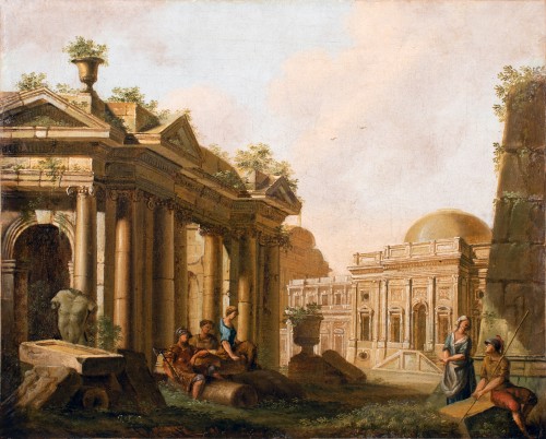 Couple près d'un temple antique - Jean-Baptiste-François Génillion (1750-1829) - Tableaux et dessins Style Louis XVI