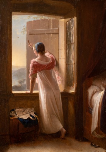 Jeune femme à sa fenêtre, 1822 -  Jean Antoine Laurent ( 1763 - 1832 ) - Tableaux et dessins Style Restauration - Charles X